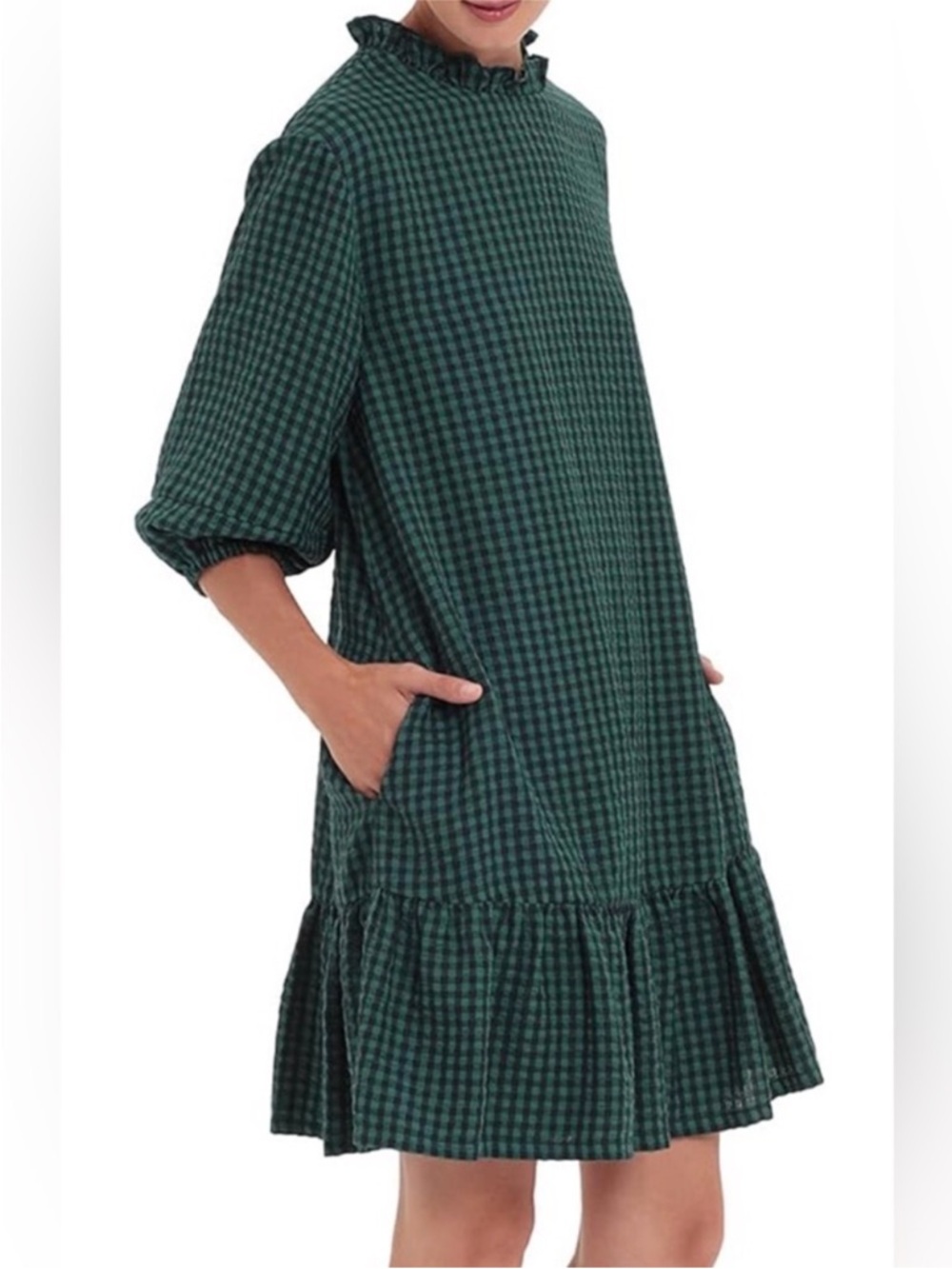 Donna Morgan Green Gingham Ruffle-Hem Women’s Dress